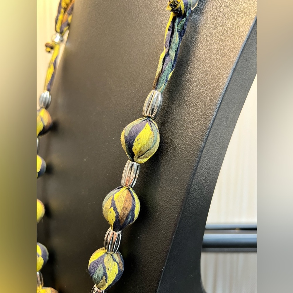 Vintage Fabric and Wood Beaded Adjustable Necklace